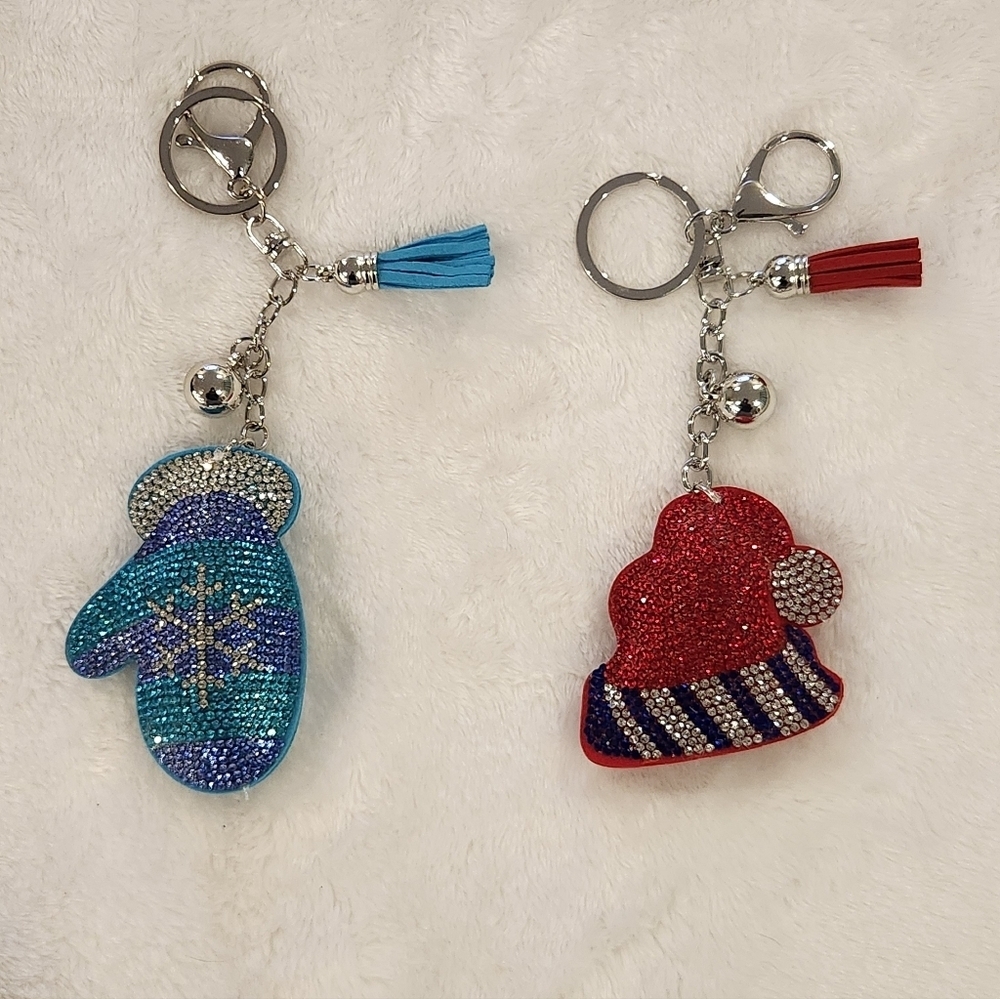 Christmas Hat And Glove Rhinestone Keychain Set Bag Charms